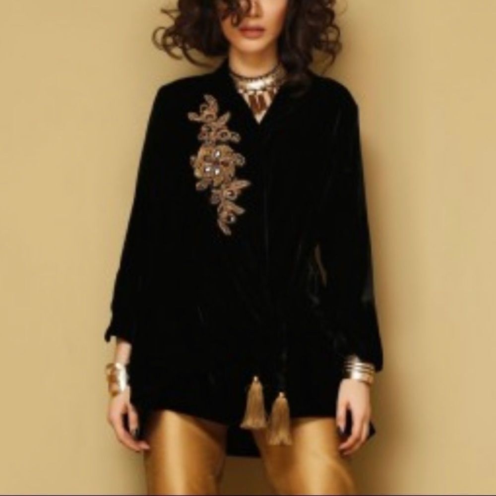Black velvet top with gold pants